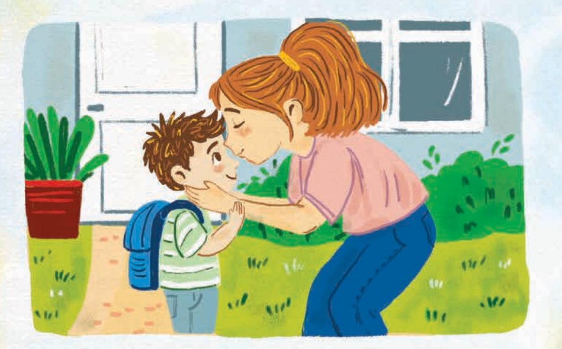ציור מתוך הספר: אימא מנשקת את אלון לפני היציאה לגן